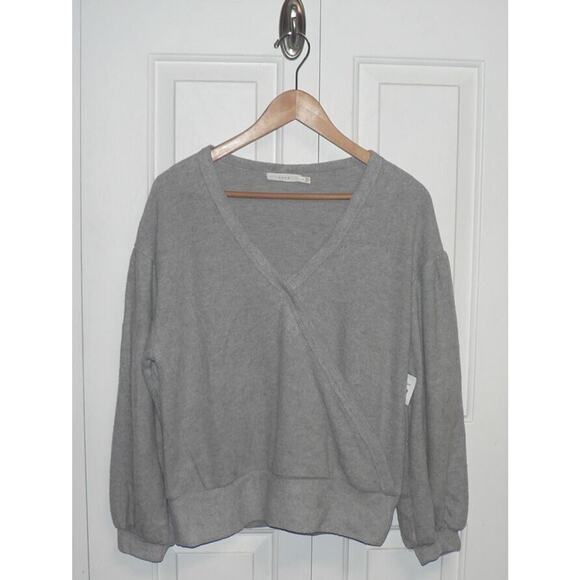 Lush Womens Brushed Knit V-Neck Long Sleeve Faux Wrap Top in Heather Grey Medium - Picture 1 of 4